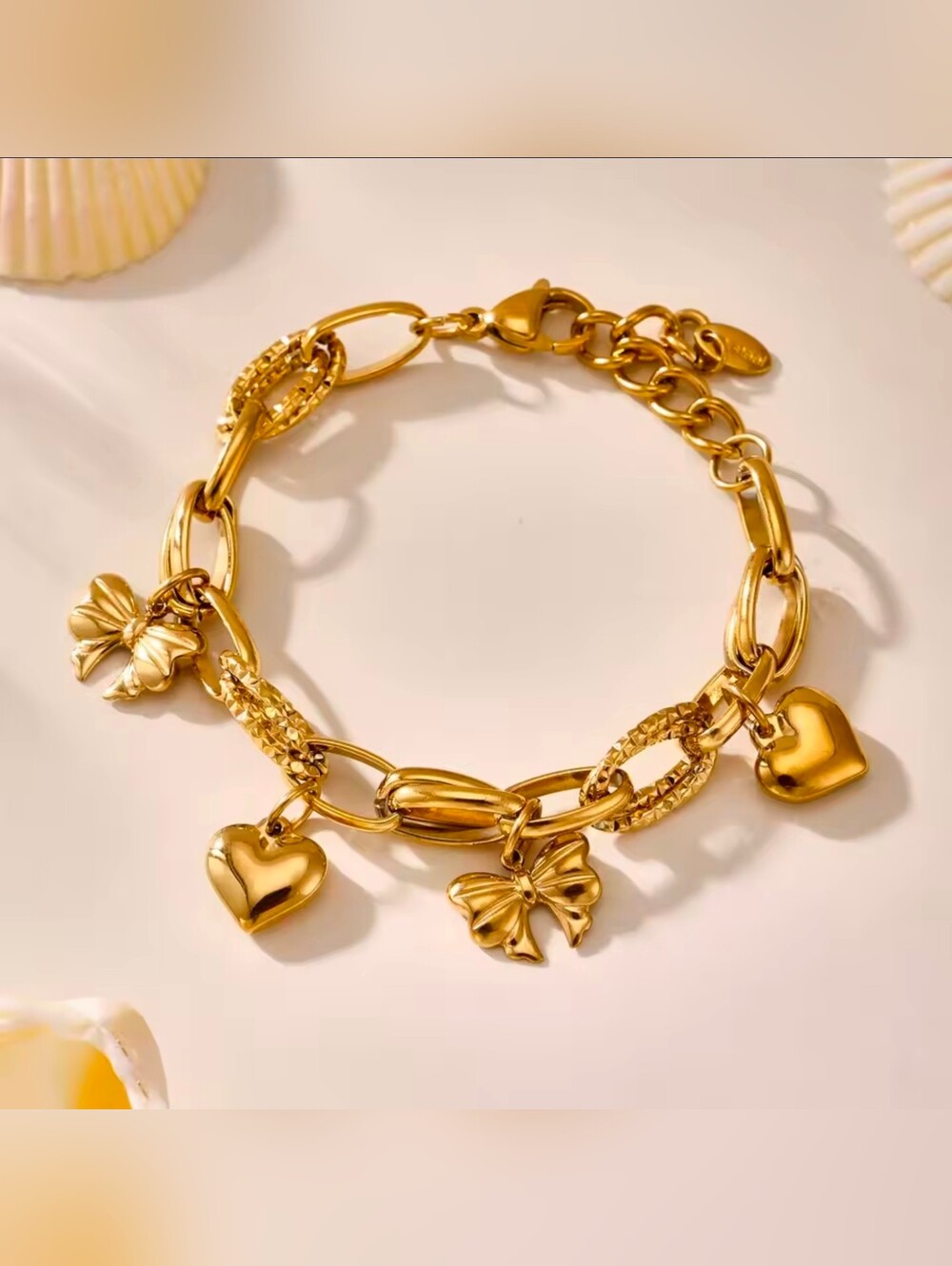 Gold Heart & Bow Charm Bracelet